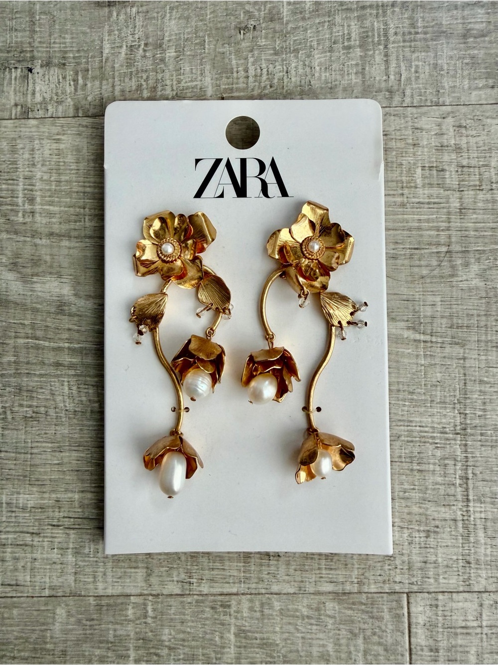 ZARA Gold Floral Drop Earrings with Pearl Drops
